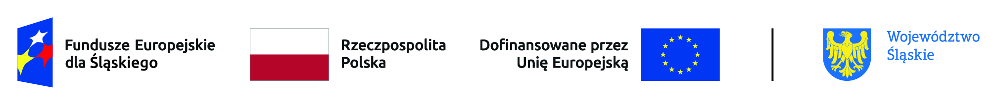 4 flagi od lewej funduszy unijnych, Polski, Unii Europejskiej oraz województwa śląskiego